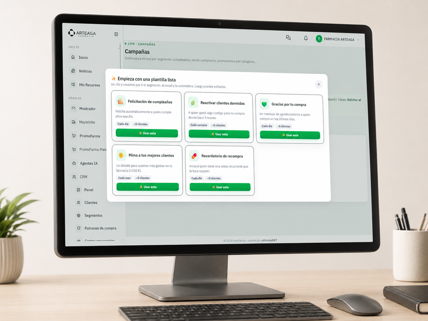 CRM de KeyFarma con fichas de cliente, segmentos, campañas y agentes de IA