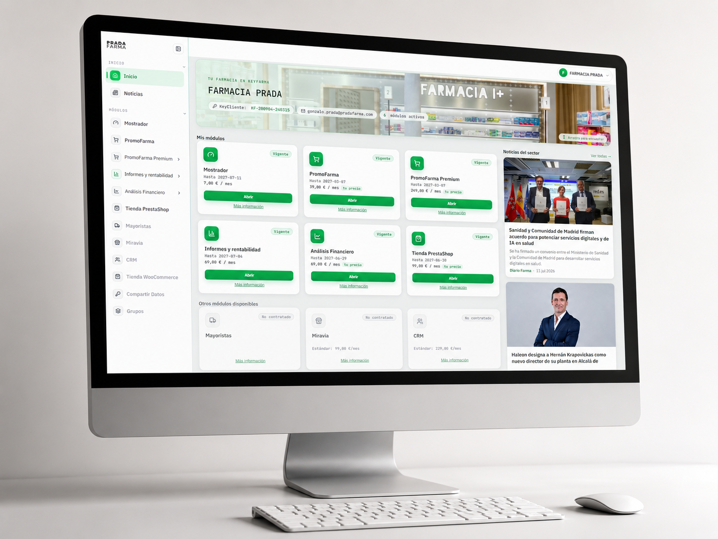 Portal KeyFarma: panel de una farmacia con sus módulos activos, estado de conexiones y noticias del sector