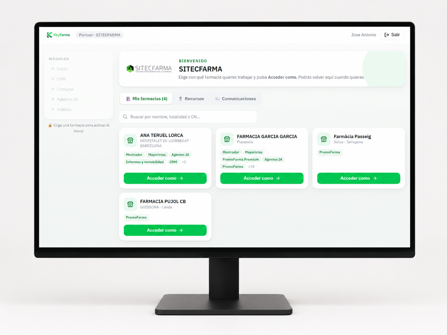 Panel de partner tecnológico en KeyFarma: red de farmacias gestionadas y servicios digitales